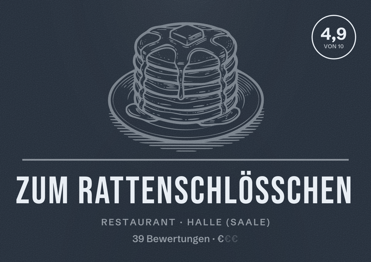 Illustriertes Poster von Zum Rattenschlößchen, Restaurant in Halle (Saale): Bewertung 4,9 von 10 aus 39 Bewertungen, Preisniveau €