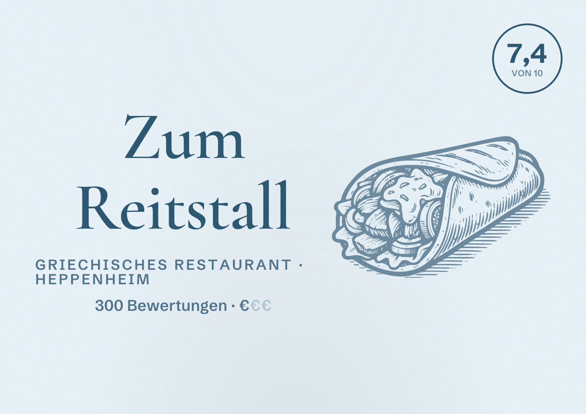 Illustriertes Poster von Zum Reitstall, Griechisches Restaurant in Heppenheim: Bewertung 7,4 von 10 aus 300 Bewertungen, Preisniveau €