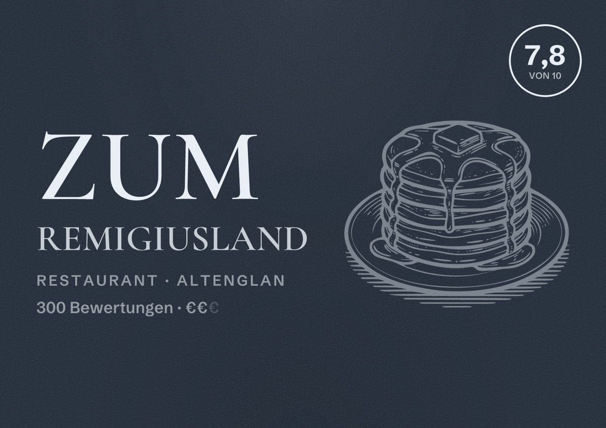 Illustriertes Poster von Zum Remigiusland, Restaurant in Altenglan: Bewertung 7,8 von 10 aus 300 Bewertungen, Preisniveau €€