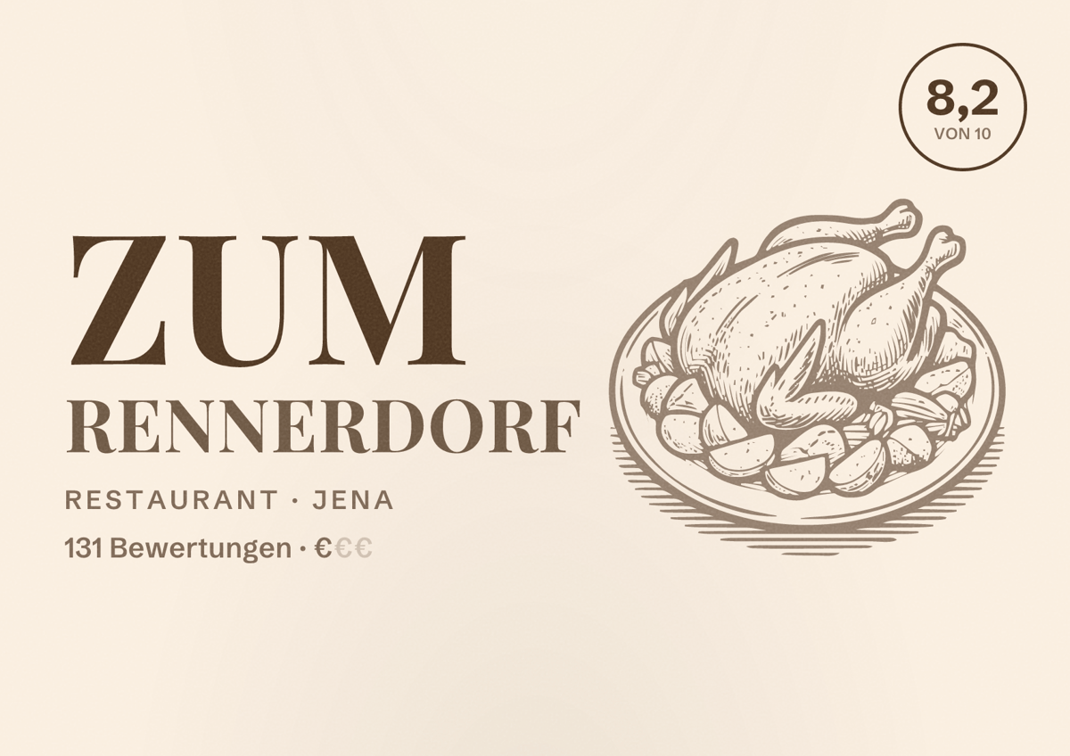 Illustriertes Poster von Zum Rennerdorf, Restaurant in Jena: Bewertung 8,2 von 10 aus 131 Bewertungen, Preisniveau €