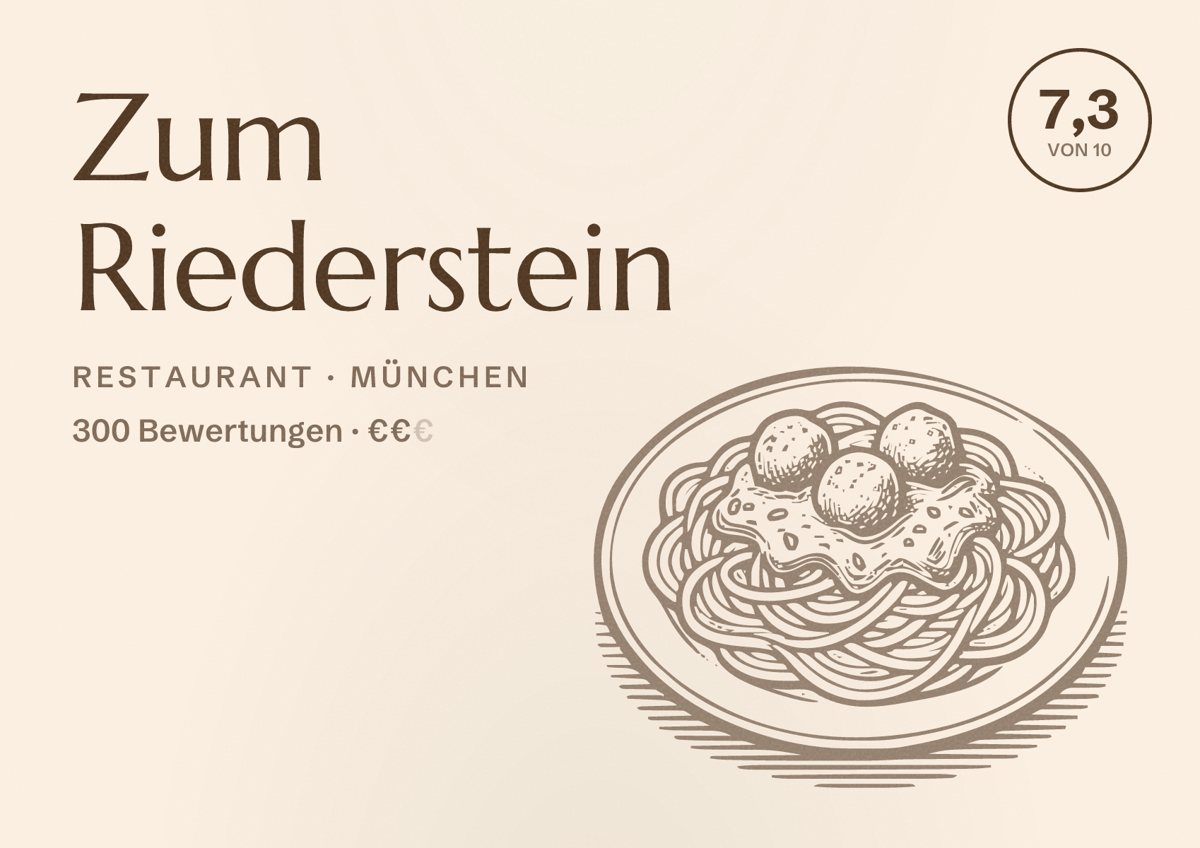 Illustriertes Poster von Zum Riederstein, Restaurant in München: Bewertung 7,3 von 10 aus 300 Bewertungen, Preisniveau €€