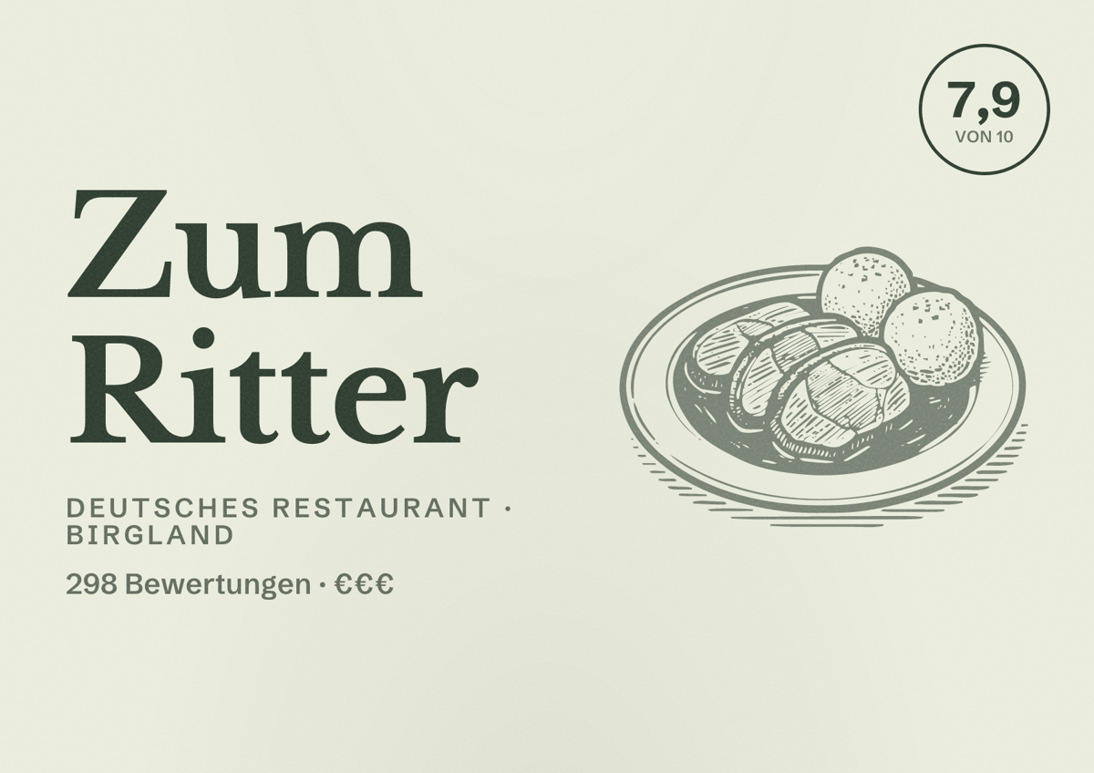 Illustriertes Poster von Zum Ritter, Deutsches Restaurant in Birgland: Bewertung 7,9 von 10 aus 298 Bewertungen, Preisniveau €€€