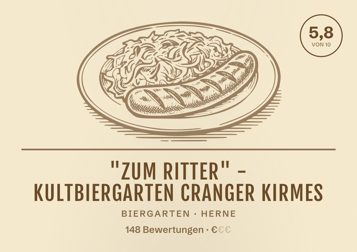 Illustriertes Poster von "Zum Ritter" - Kultbiergarten Cranger Kirmes, Biergarten in Herne: Bewertung 5,8 von 10 aus 148 Bewertungen, Preisniveau €