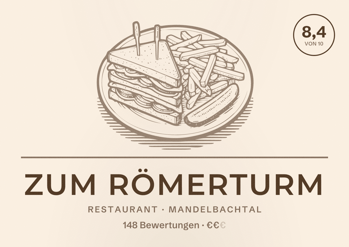 Illustriertes Poster von Zum Römerturm, Restaurant in Mandelbachtal: Bewertung 8,4 von 10 aus 148 Bewertungen, Preisniveau €€