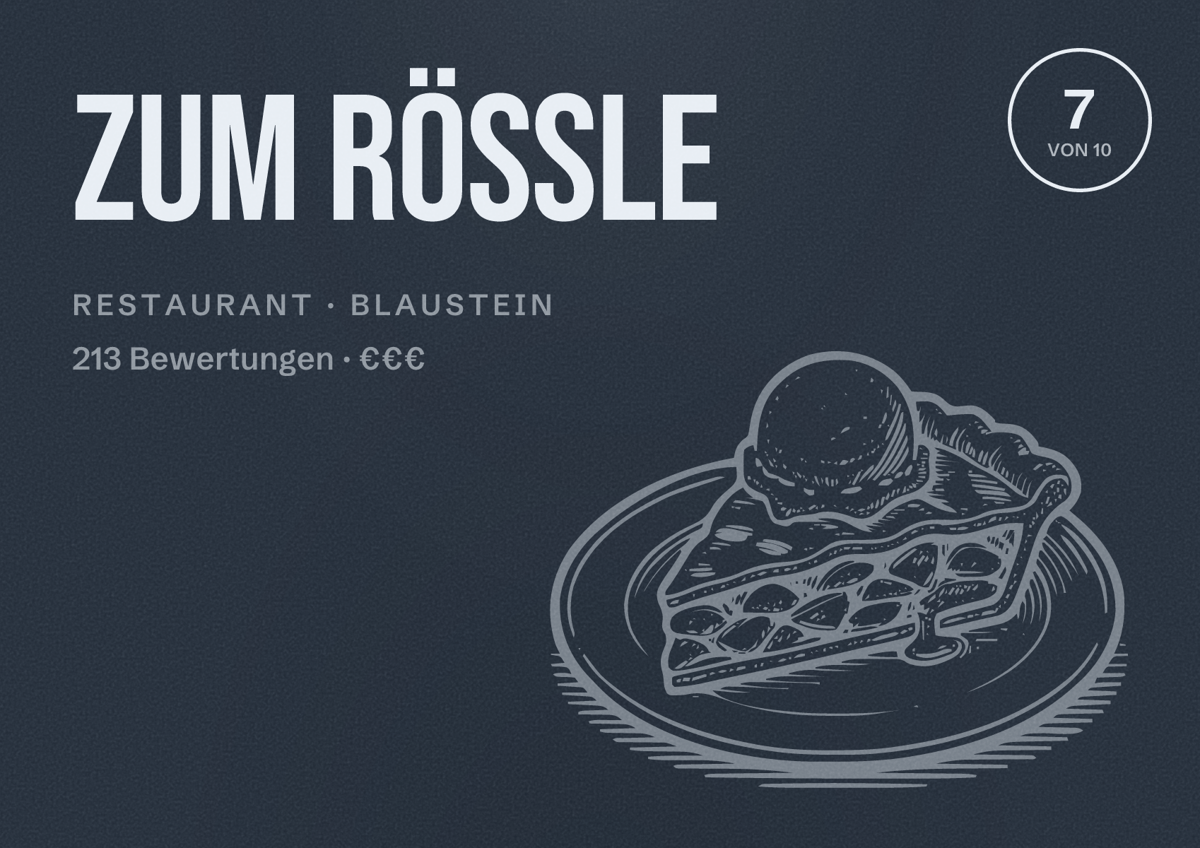 Illustriertes Poster von Zum Rössle, Restaurant in Blaustein: Bewertung 7 von 10 aus 213 Bewertungen, Preisniveau €€€