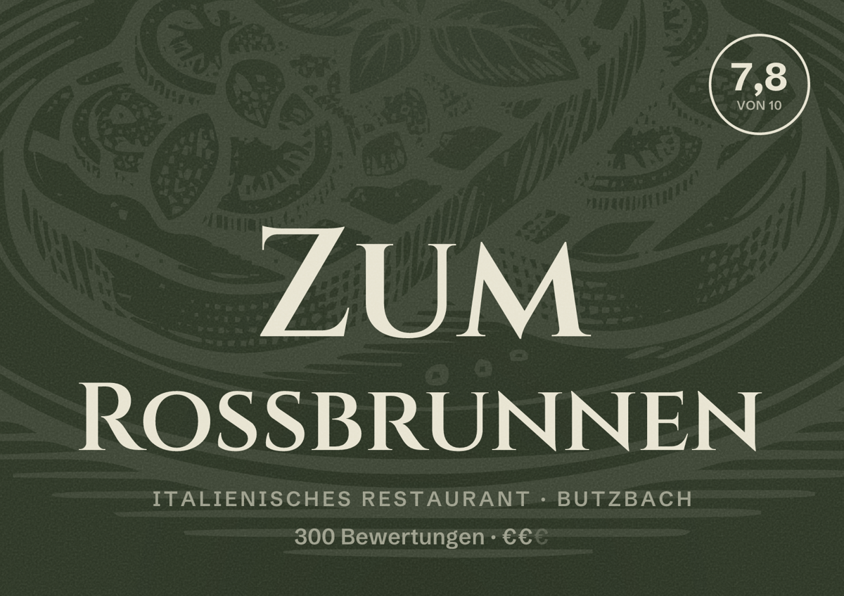 Illustriertes Poster von Zum Roßbrunnen, Italienisches Restaurant in Butzbach: Bewertung 7,8 von 10 aus 300 Bewertungen, Preisniveau €€