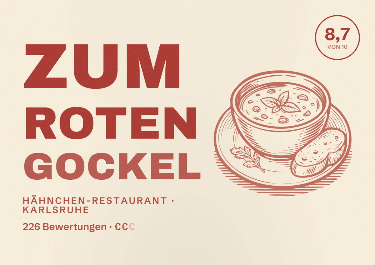 Illustriertes Poster von Zum Roten Gockel, Hähnchen-Restaurant in Karlsruhe: Bewertung 8,7 von 10 aus 226 Bewertungen, Preisniveau €€
