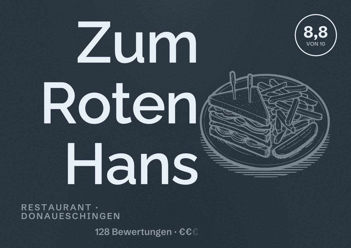 Illustriertes Poster von Zum Roten Hans, Restaurant in Donaueschingen: Bewertung 8,8 von 10 aus 128 Bewertungen, Preisniveau €€