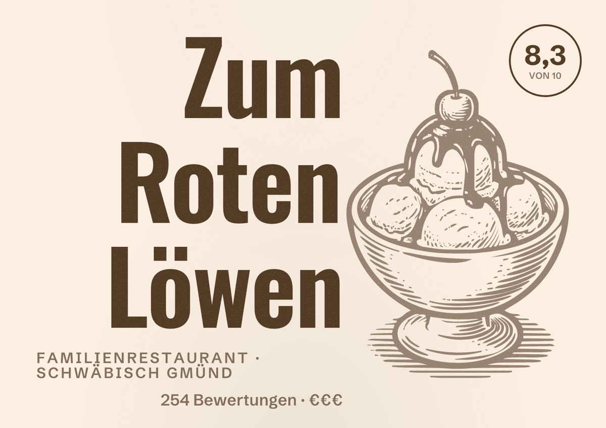 Illustriertes Poster von Zum Roten Löwen, Familienrestaurant in Schwäbisch Gmünd: Bewertung 8,3 von 10 aus 254 Bewertungen, Preisniveau €€€
