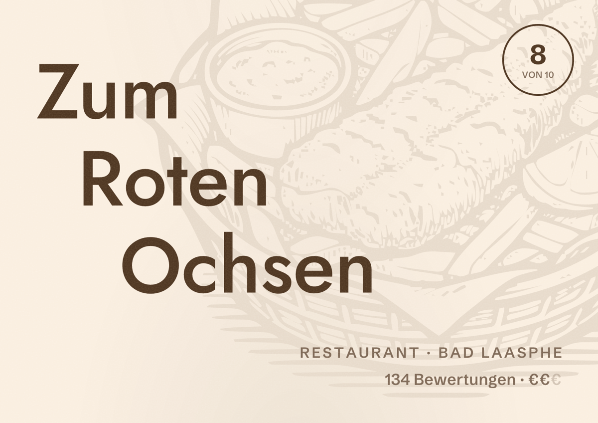 Illustriertes Poster von Zum Roten Ochsen, Restaurant in Bad Laasphe: Bewertung 8 von 10 aus 134 Bewertungen, Preisniveau €€