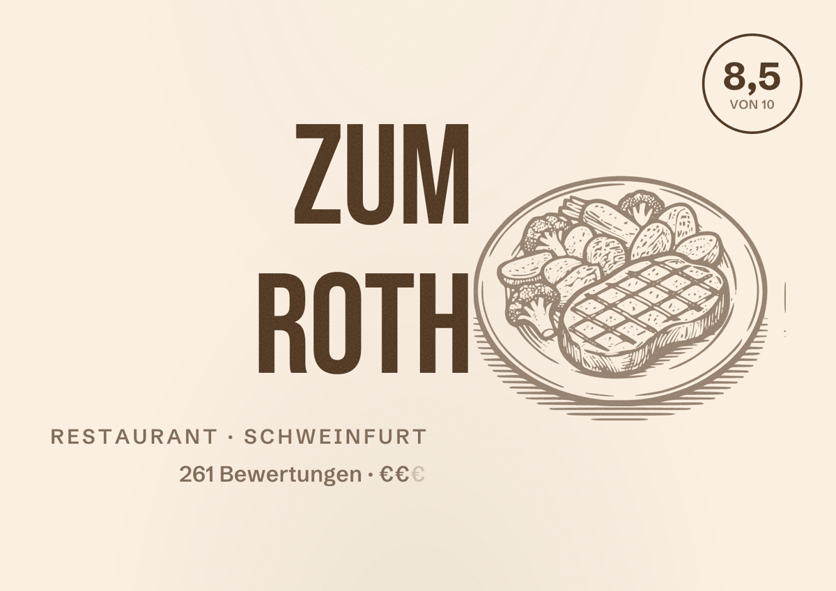 Illustriertes Poster von Zum Roth, Restaurant in Schweinfurt: Bewertung 8,5 von 10 aus 261 Bewertungen, Preisniveau €€