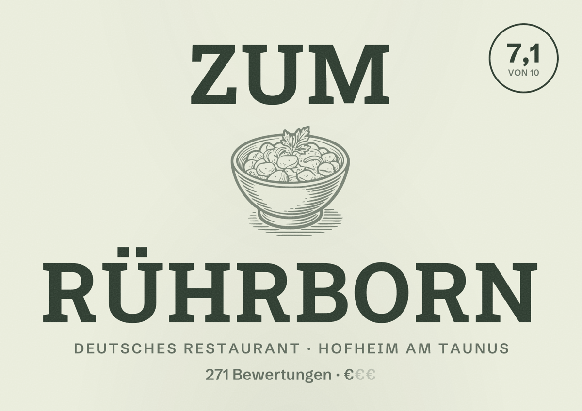 Illustriertes Poster von Zum Rührborn, Deutsches Restaurant in Hofheim am Taunus: Bewertung 7,1 von 10 aus 271 Bewertungen, Preisniveau €