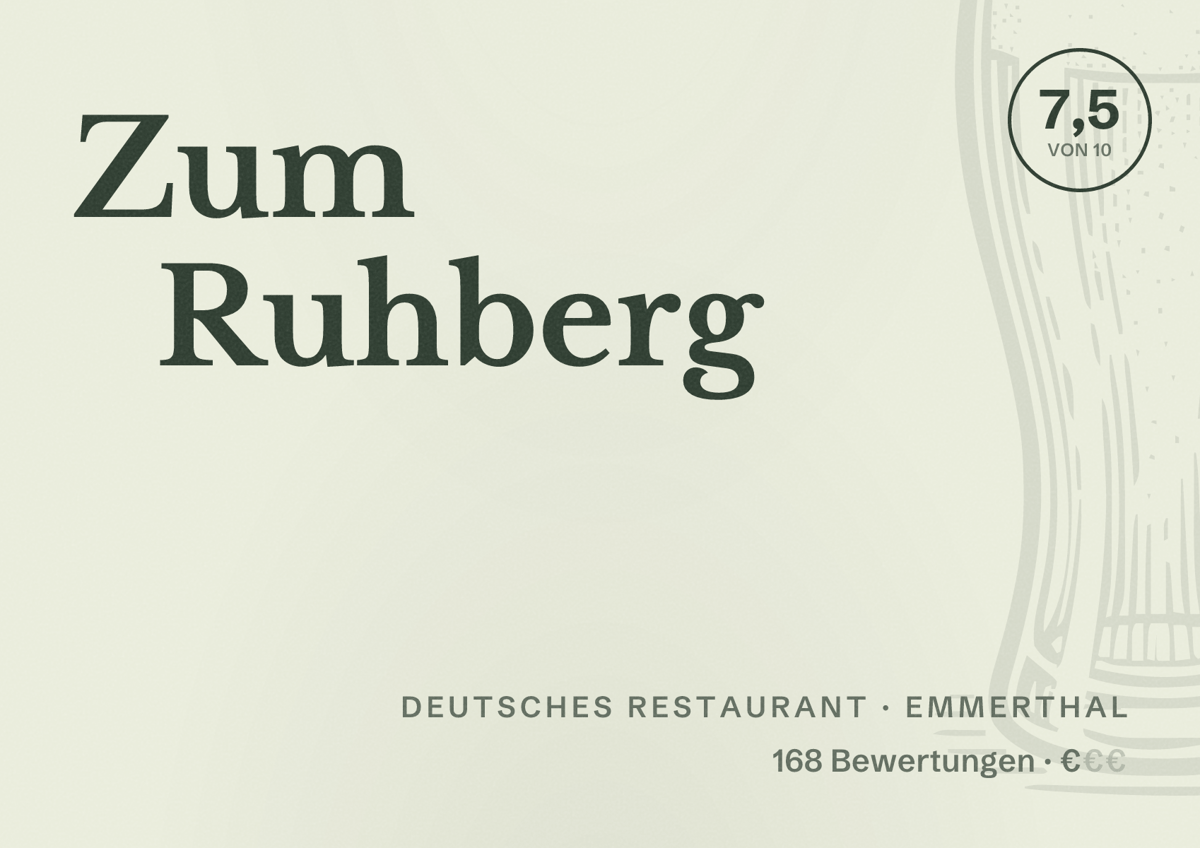 Illustriertes Poster von Zum Ruhberg, Deutsches Restaurant in Emmerthal: Bewertung 7,5 von 10 aus 168 Bewertungen, Preisniveau €