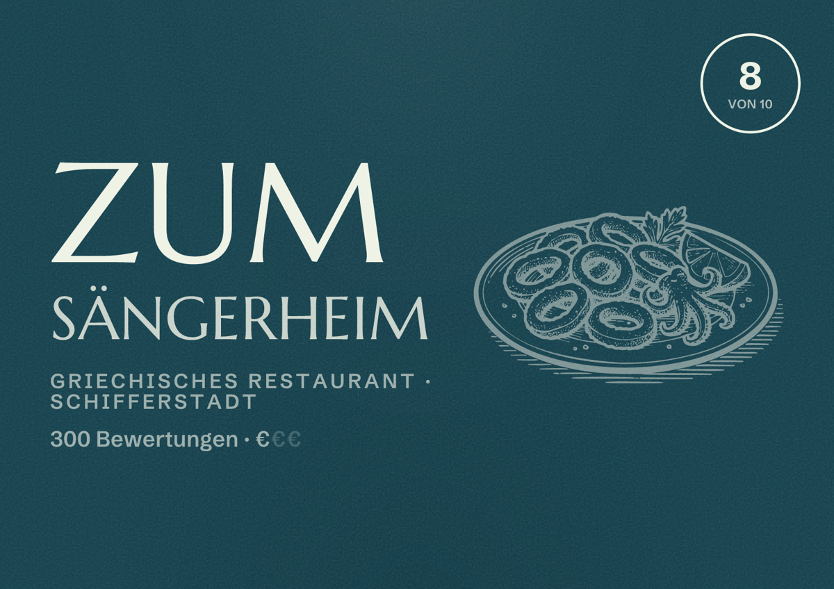 Illustriertes Poster von Zum Sängerheim, Griechisches Restaurant in Schifferstadt: Bewertung 8 von 10 aus 300 Bewertungen, Preisniveau €