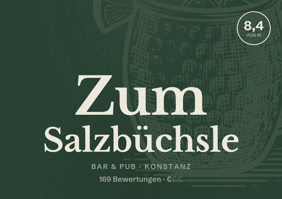 Illustriertes Poster von Zum Salzbüchsle, Bar & Pub in Konstanz: Bewertung 8,4 von 10 aus 169 Bewertungen, Preisniveau €