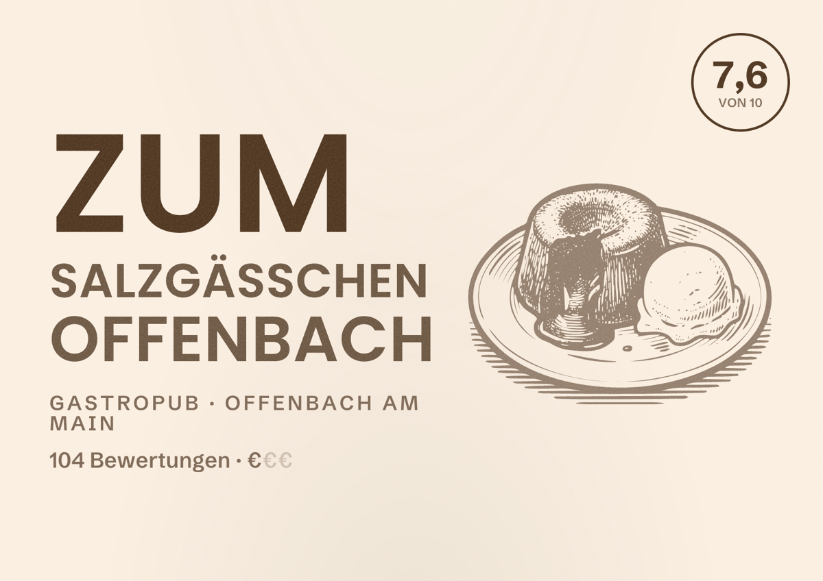 Illustriertes Poster von Zum Salzgässchen Offenbach, Gastropub in Offenbach am Main: Bewertung 7,6 von 10 aus 104 Bewertungen, Preisniveau €