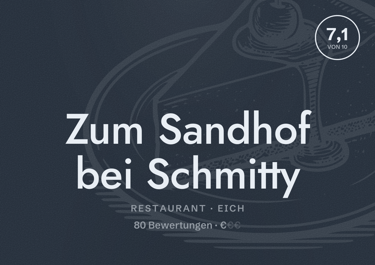 Illustriertes Poster von Zum Sandhof bei Schmitty, Restaurant in Eich: Bewertung 7,1 von 10 aus 80 Bewertungen, Preisniveau €