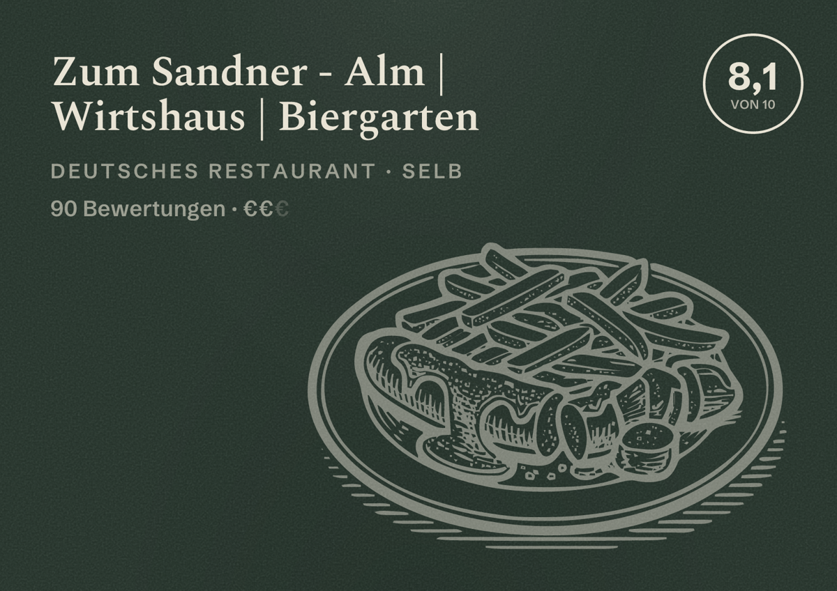 Illustriertes Poster von Zum Sandner - Alm | Wirtshaus | Biergarten, Deutsches Restaurant in Selb: Bewertung 8,1 von 10 aus 90 Bewertungen, Preisniveau €€