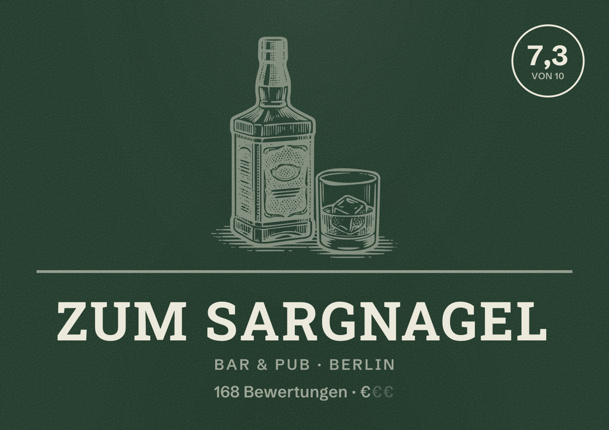 Illustriertes Poster von Zum Sargnagel, Bar & Pub in Berlin: Bewertung 7,3 von 10 aus 168 Bewertungen, Preisniveau €