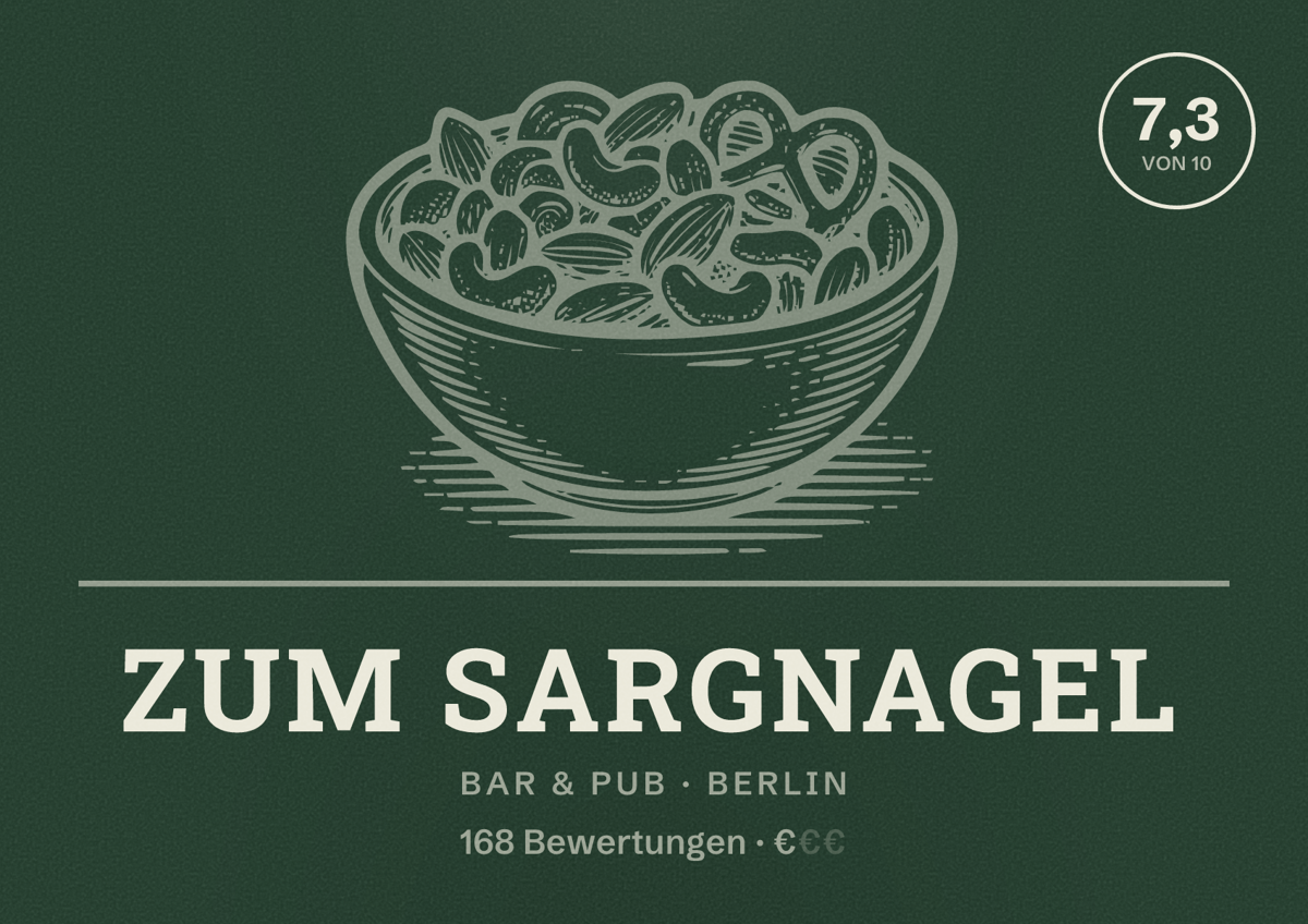 Illustriertes Poster von Zum Sargnagel, Bar & Pub in Berlin: Bewertung 7,3 von 10 aus 168 Bewertungen, Preisniveau €