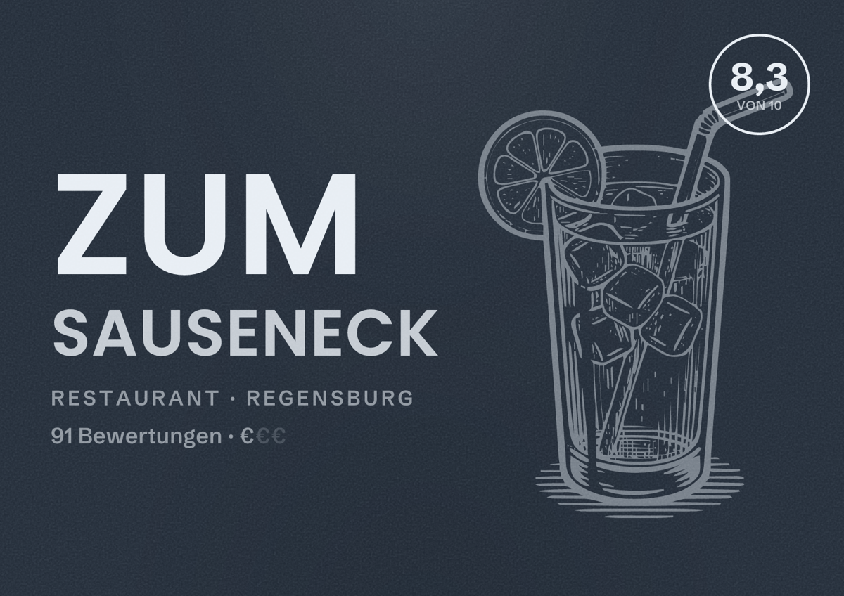 Illustriertes Poster von Zum Sauseneck, Restaurant in Regensburg: Bewertung 8,3 von 10 aus 91 Bewertungen, Preisniveau €