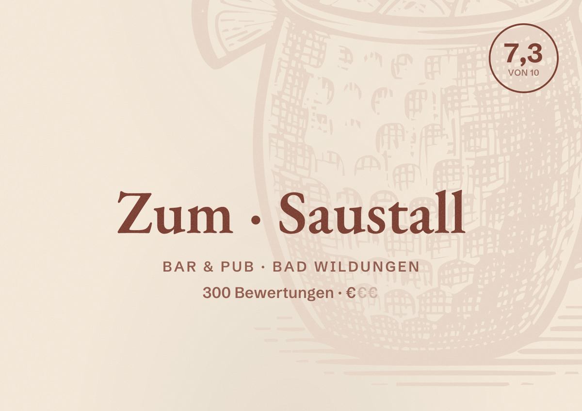Illustriertes Poster von Zum Saustall, Bar & Pub in Bad Wildungen: Bewertung 7,3 von 10 aus 300 Bewertungen, Preisniveau €