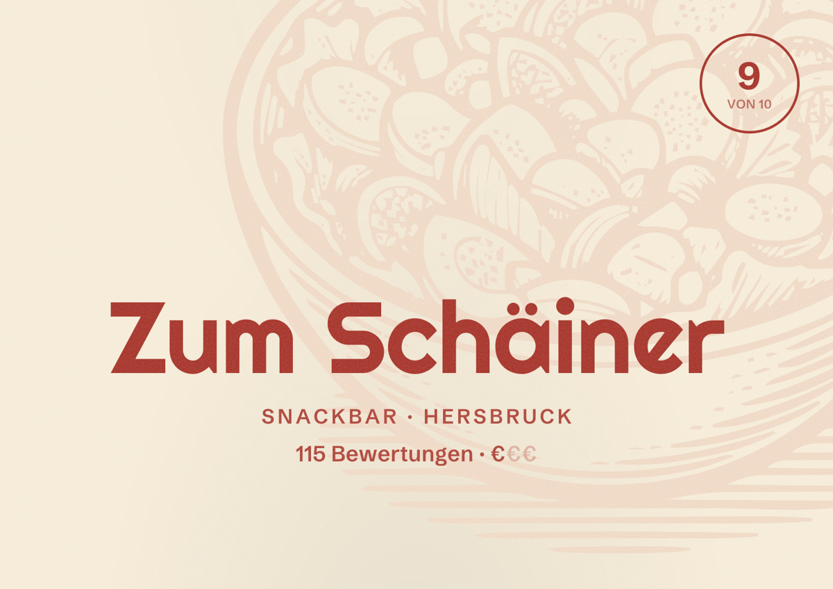 Illustriertes Poster von Zum Schäiner, Snackbar in Hersbruck: Bewertung 9 von 10 aus 115 Bewertungen, Preisniveau €