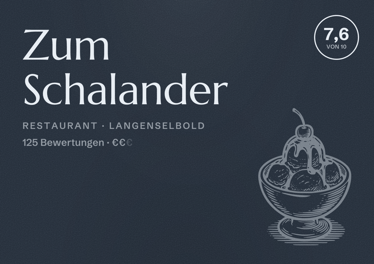 Illustriertes Poster von Zum Schalander, Restaurant in Langenselbold: Bewertung 7,6 von 10 aus 125 Bewertungen, Preisniveau €€