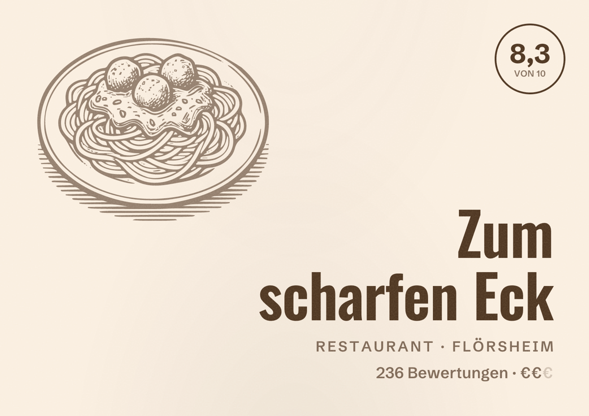 Illustriertes Poster von Zum scharfen Eck, Restaurant in Flörsheim: Bewertung 8,3 von 10 aus 236 Bewertungen, Preisniveau €€