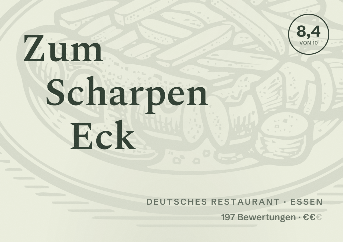 Illustriertes Poster von Zum Scharpen Eck, Deutsches Restaurant in Essen: Bewertung 8,4 von 10 aus 197 Bewertungen, Preisniveau €€