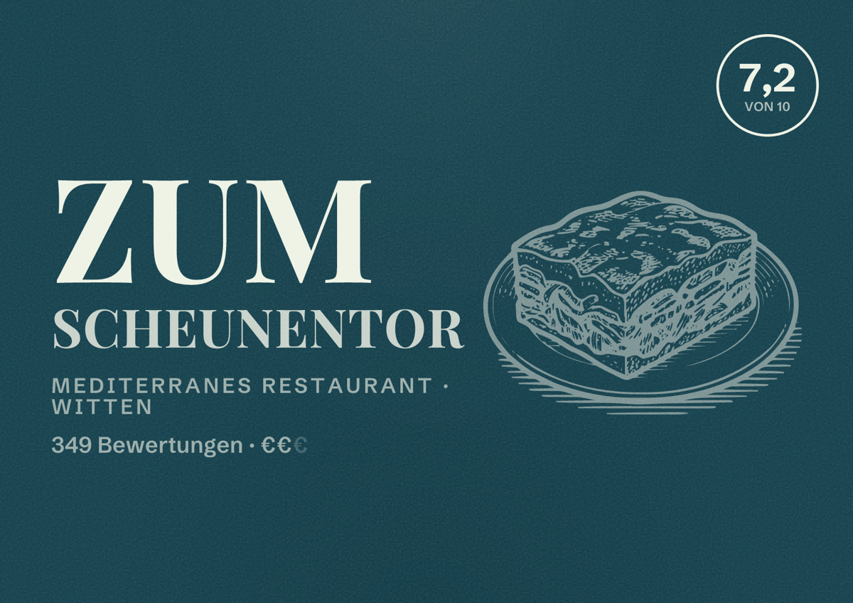 Illustriertes Poster von Zum Scheunentor, Mediterranes Restaurant in Witten: Bewertung 7,2 von 10 aus 349 Bewertungen, Preisniveau €€