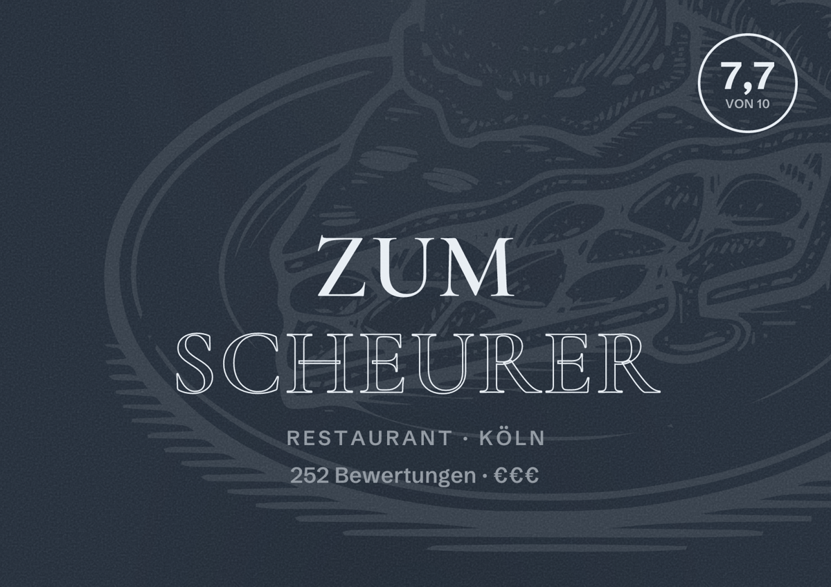Illustriertes Poster von Zum Scheurer, Restaurant in Köln: Bewertung 7,7 von 10 aus 252 Bewertungen, Preisniveau €€€