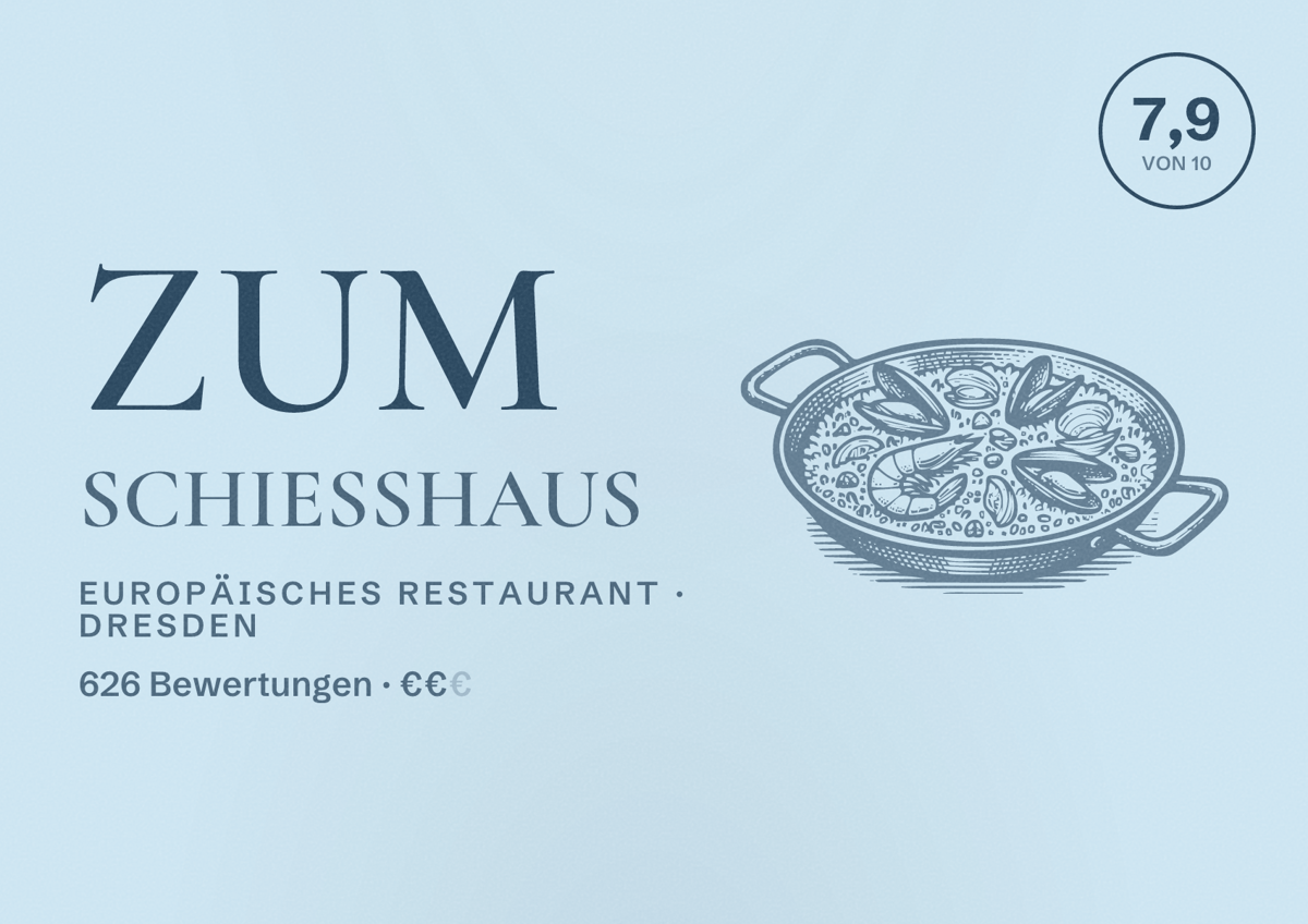 Illustriertes Poster von Zum Schiesshaus, Europäisches Restaurant in Dresden: Bewertung 7,9 von 10 aus 626 Bewertungen, Preisniveau €€