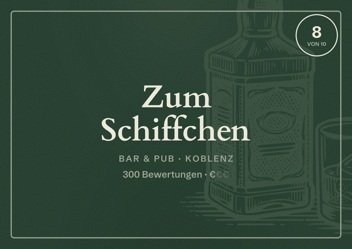 Illustriertes Poster von Zum Schiffchen, Bar & Pub in Koblenz: Bewertung 8 von 10 aus 300 Bewertungen, Preisniveau €