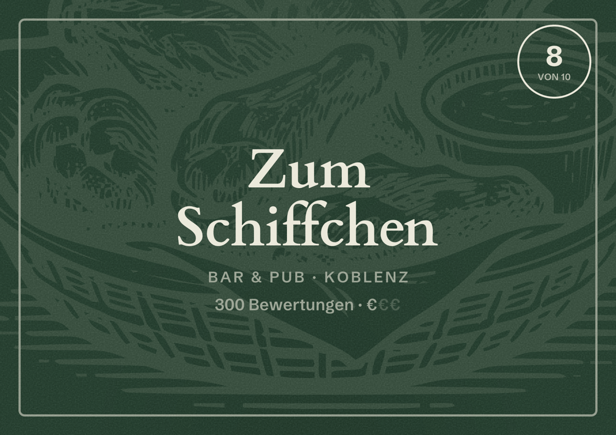 Illustriertes Poster von Zum Schiffchen, Bar & Pub in Koblenz: Bewertung 8 von 10 aus 300 Bewertungen, Preisniveau €