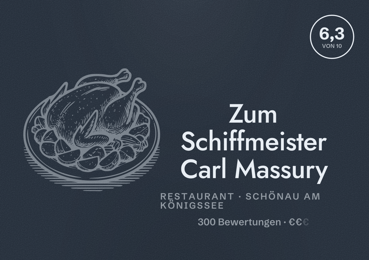 Illustriertes Poster von Zum Schiffmeister Carl Massury, Restaurant in Schönau am Königssee: Bewertung 6,3 von 10 aus 300 Bewertungen, Preisniveau €€