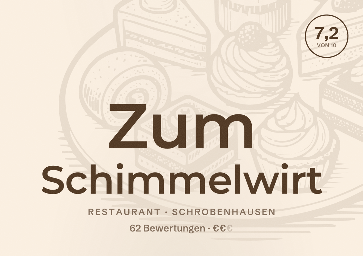 Illustriertes Poster von Zum Schimmelwirt, Restaurant in Schrobenhausen: Bewertung 7,2 von 10 aus 62 Bewertungen, Preisniveau €€