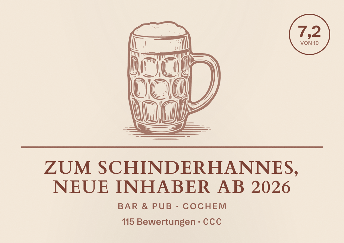 Illustriertes Poster von Zum Schinderhannes, NEUE INHABER AB 2026, Bar & Pub in Cochem: Bewertung 7,2 von 10 aus 115 Bewertungen, Preisniveau €€€