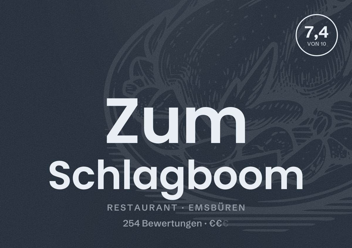 Illustriertes Poster von Zum Schlagboom, Restaurant in Emsbüren: Bewertung 7,4 von 10 aus 254 Bewertungen, Preisniveau €€