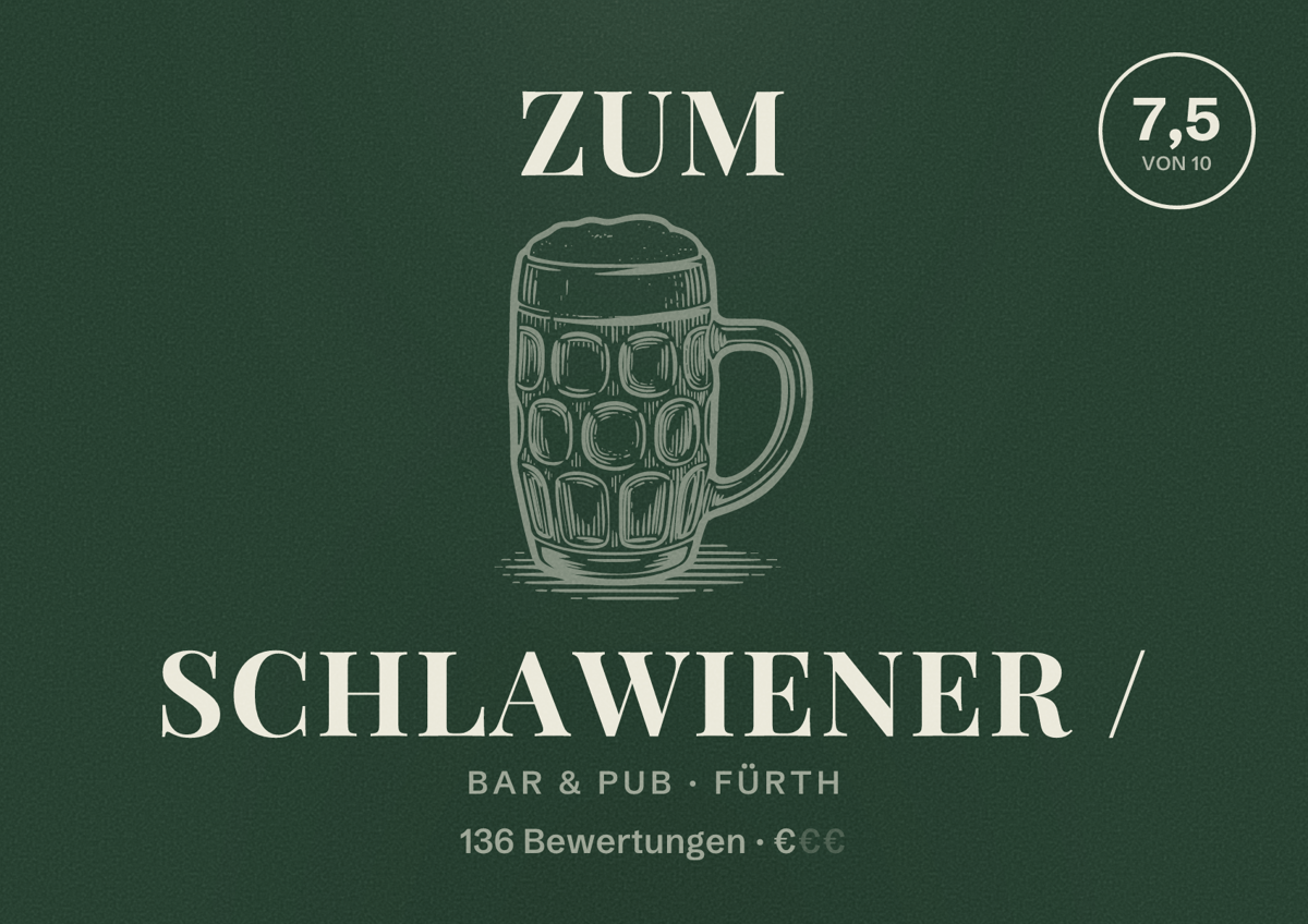 Illustriertes Poster von Zum Schlawiener /, Bar & Pub in Fürth: Bewertung 7,5 von 10 aus 136 Bewertungen, Preisniveau €