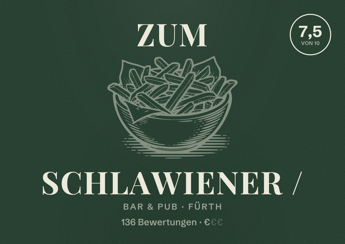 Illustriertes Poster von Zum Schlawiener /, Bar & Pub in Fürth: Bewertung 7,5 von 10 aus 136 Bewertungen, Preisniveau €