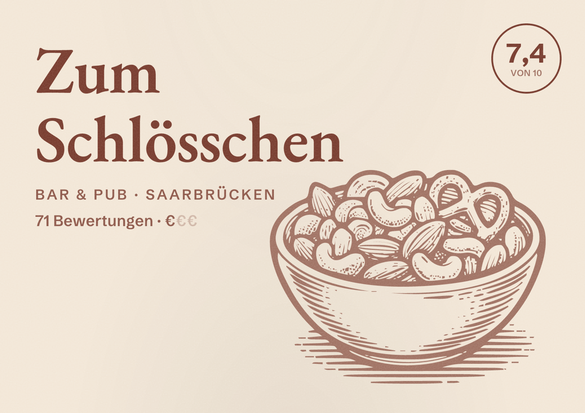 Illustriertes Poster von Zum Schlösschen, Bar & Pub in Saarbrücken: Bewertung 7,4 von 10 aus 71 Bewertungen, Preisniveau €
