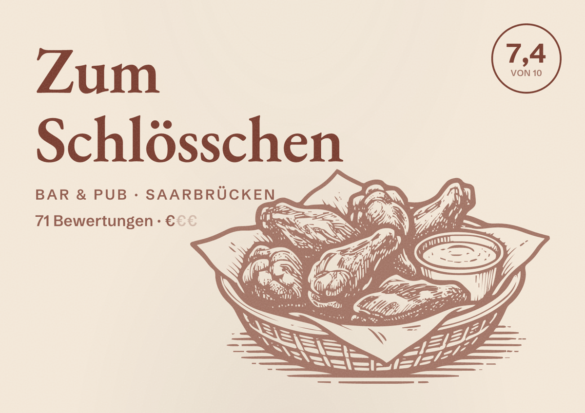 Illustriertes Poster von Zum Schlösschen, Bar & Pub in Saarbrücken: Bewertung 7,4 von 10 aus 71 Bewertungen, Preisniveau €
