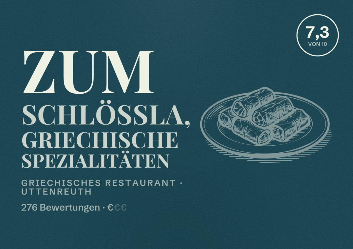 Illustriertes Poster von Zum Schlößla, griechische Spezialitäten, Griechisches Restaurant in Uttenreuth: Bewertung 7,3 von 10 aus 276 Bewertungen, Preisniveau €