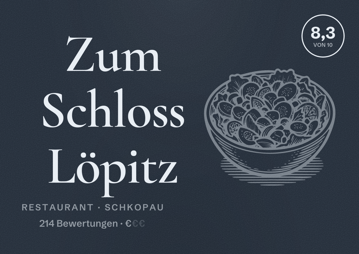 Illustriertes Poster von Zum Schloss Löpitz, Restaurant in Schkopau: Bewertung 8,3 von 10 aus 214 Bewertungen, Preisniveau €