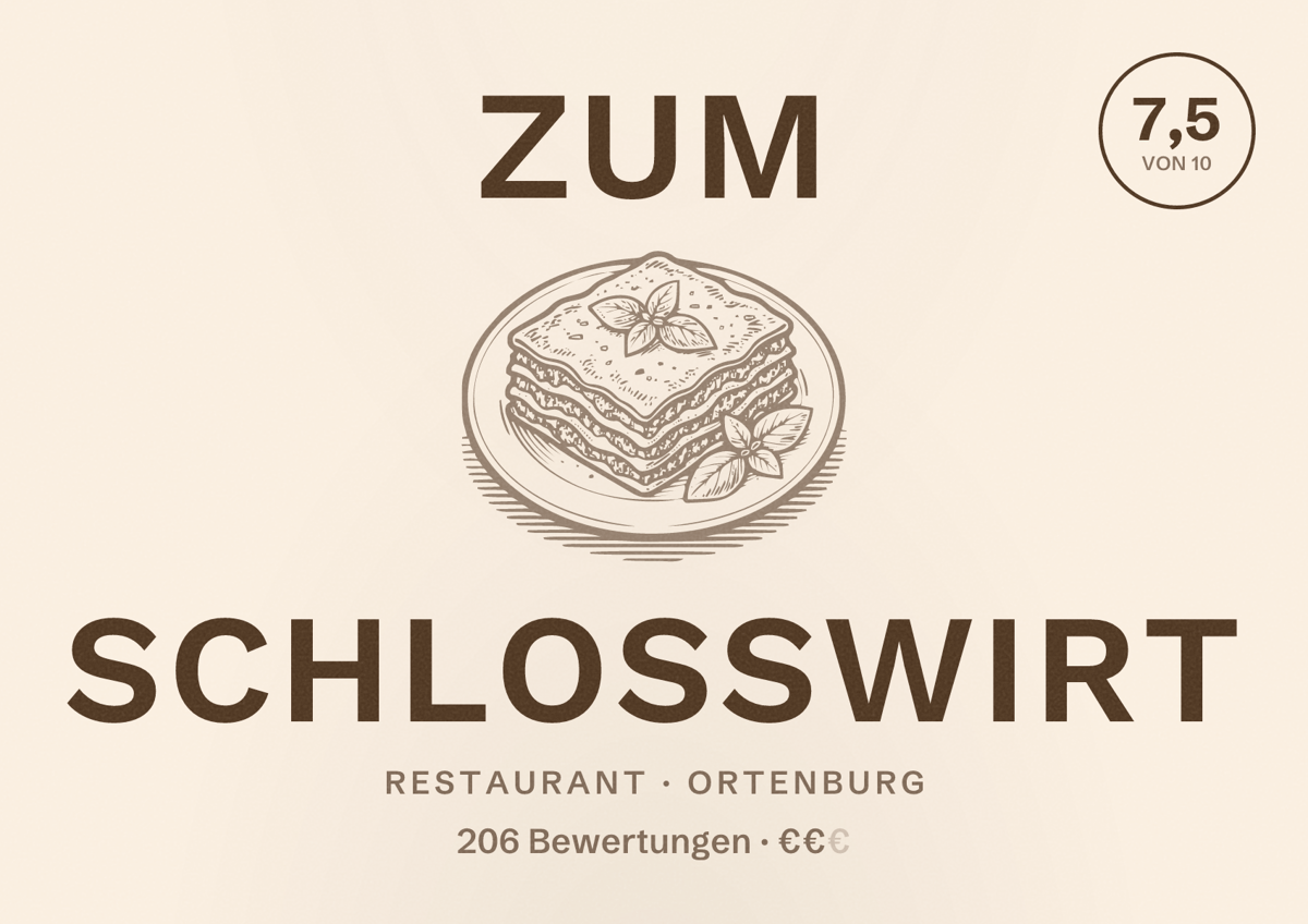 Illustriertes Poster von Zum Schloßwirt, Restaurant in Ortenburg: Bewertung 7,5 von 10 aus 206 Bewertungen, Preisniveau €€