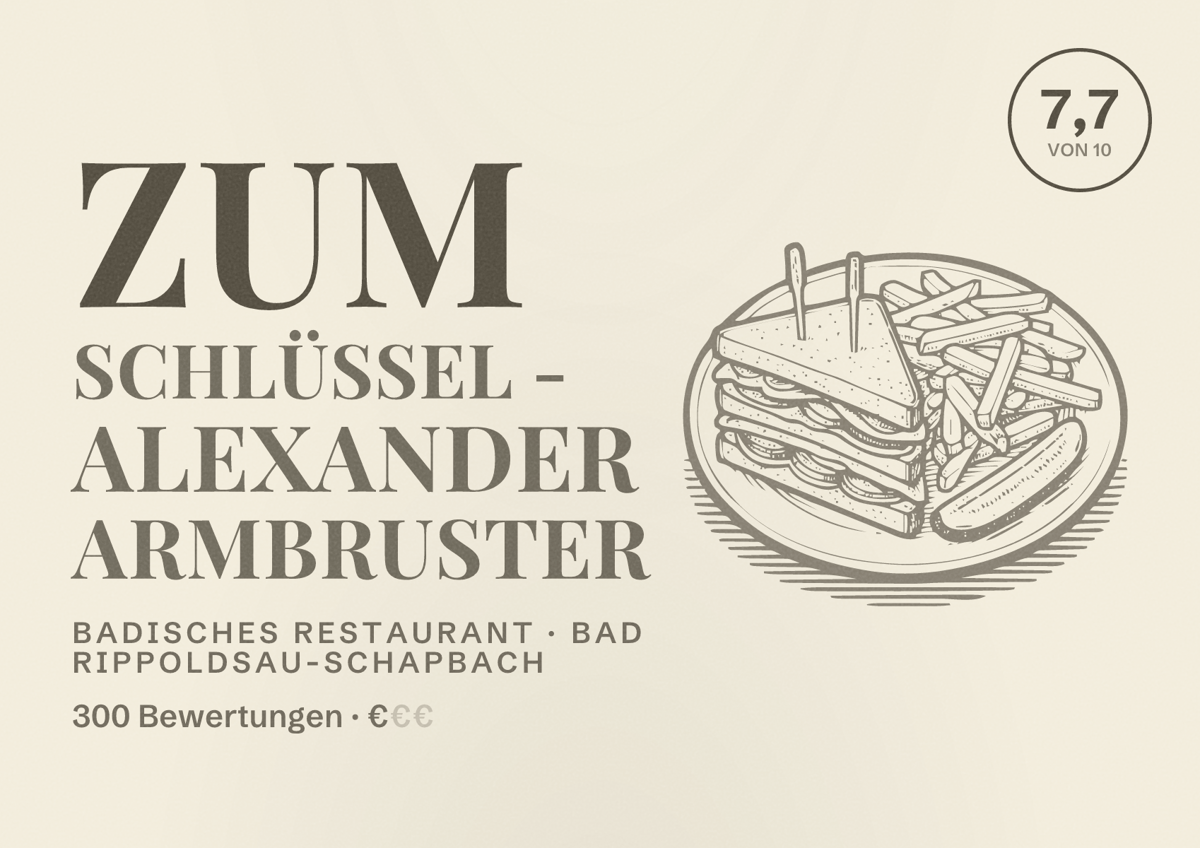 Illustriertes Poster von Zum Schlüssel - Alexander Armbruster, Badisches Restaurant in Bad Rippoldsau-Schapbach: Bewertung 7,7 von 10 aus 300 Bewertungen, Preisniveau €