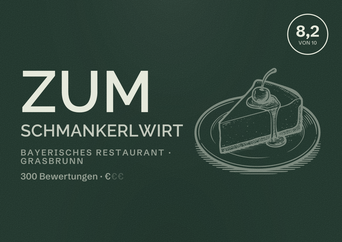 Illustriertes Poster von Zum Schmankerlwirt, Bayerisches Restaurant in Grasbrunn: Bewertung 8,2 von 10 aus 300 Bewertungen, Preisniveau €