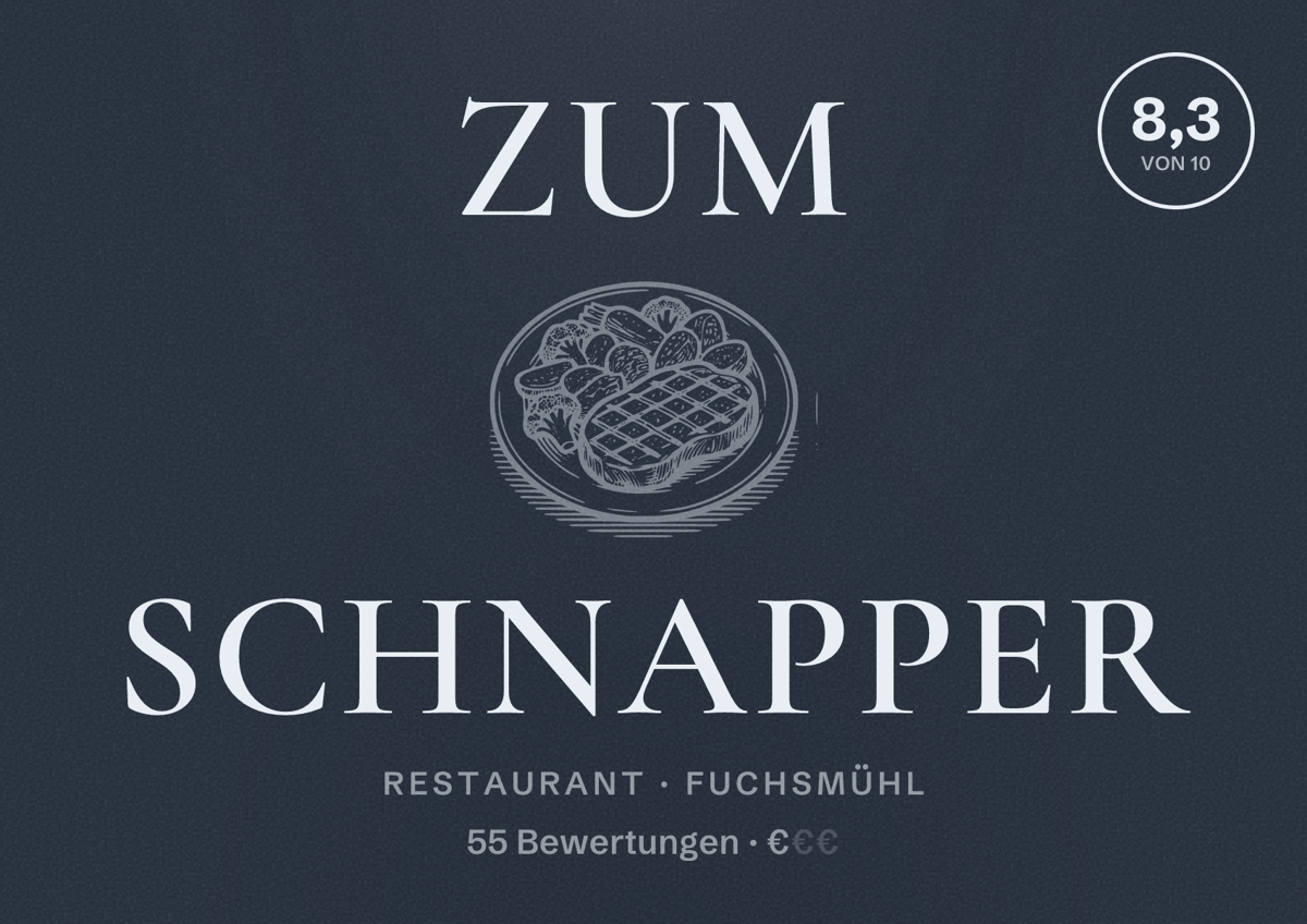 Illustriertes Poster von Zum Schnapper, Restaurant in Fuchsmühl: Bewertung 8,3 von 10 aus 55 Bewertungen, Preisniveau €