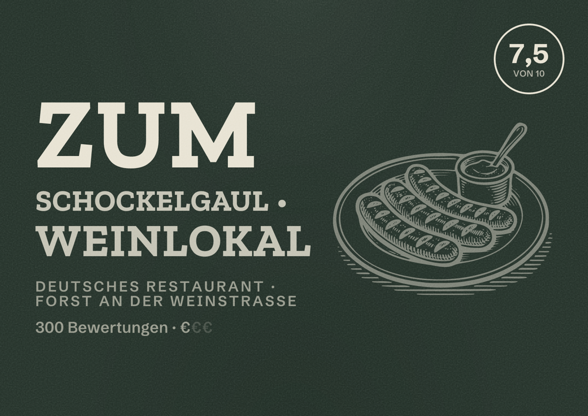 Illustriertes Poster von Zum Schockelgaul • Weinlokal, Deutsches Restaurant in Forst an der Weinstraße: Bewertung 7,5 von 10 aus 300 Bewertungen, Preisniveau €